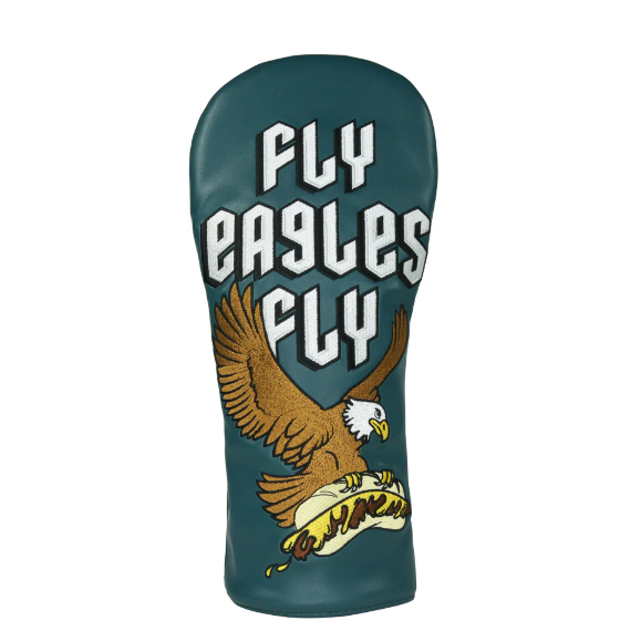 Golf driver cover with Fly Eagles Fly chant on front with bird holding cheesesteak