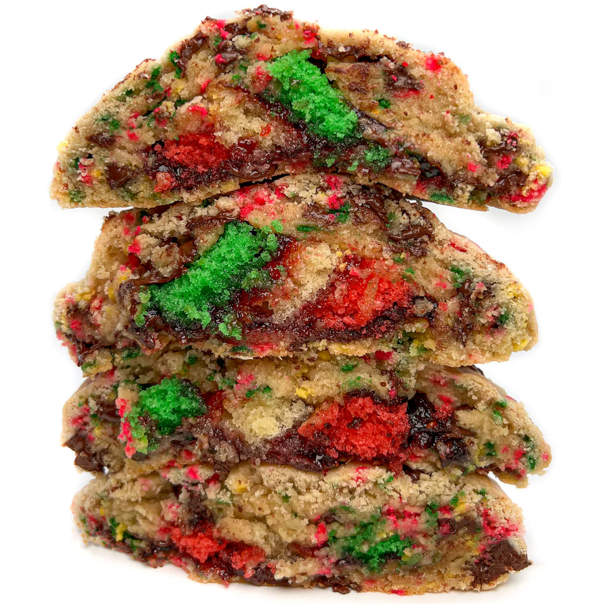 Four rainbow cookies stacked on top of each other