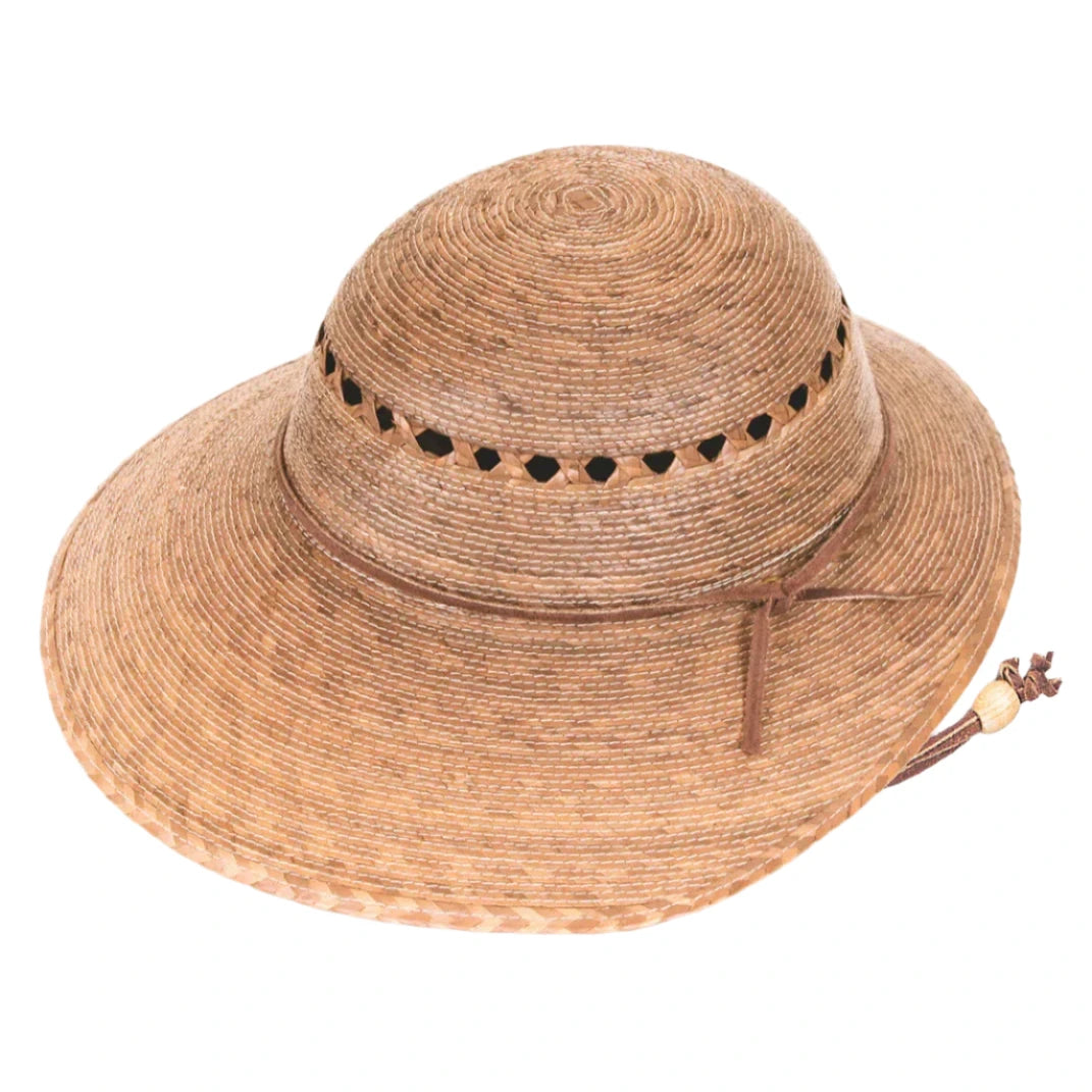 Sun hat with delicate cut outs on top and leather tie above brim featuring chin strap