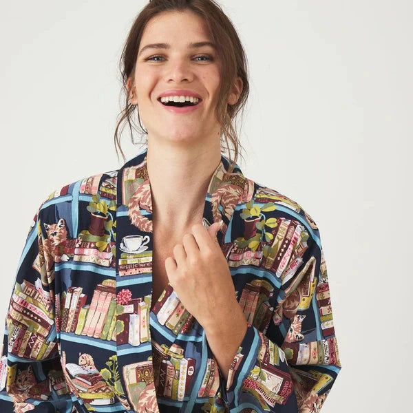 model wearing secret library robe showing neckline