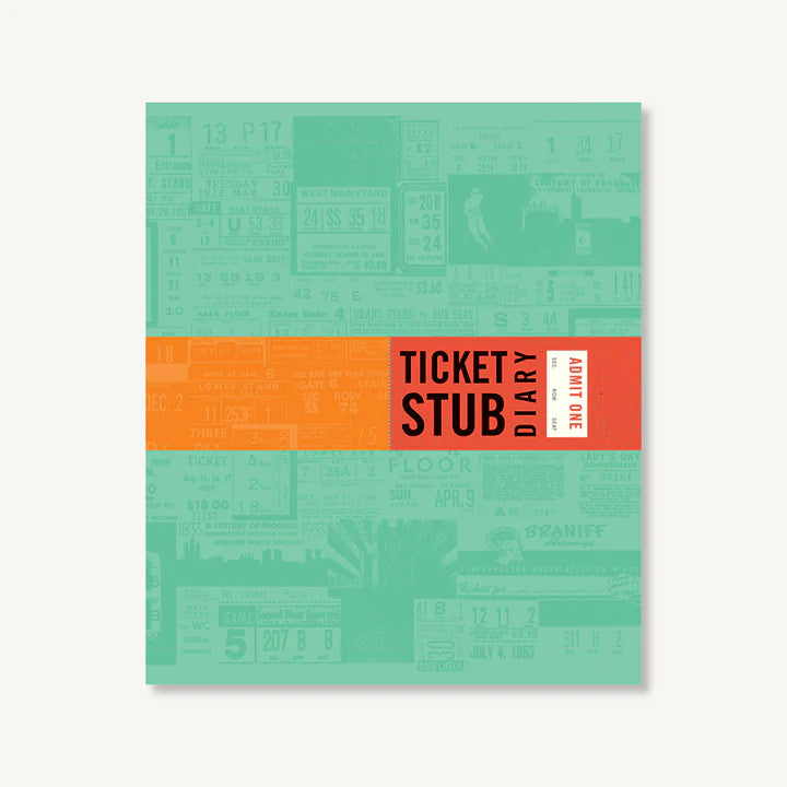 Green book with ticket stub diary written along middle to look like a ticket