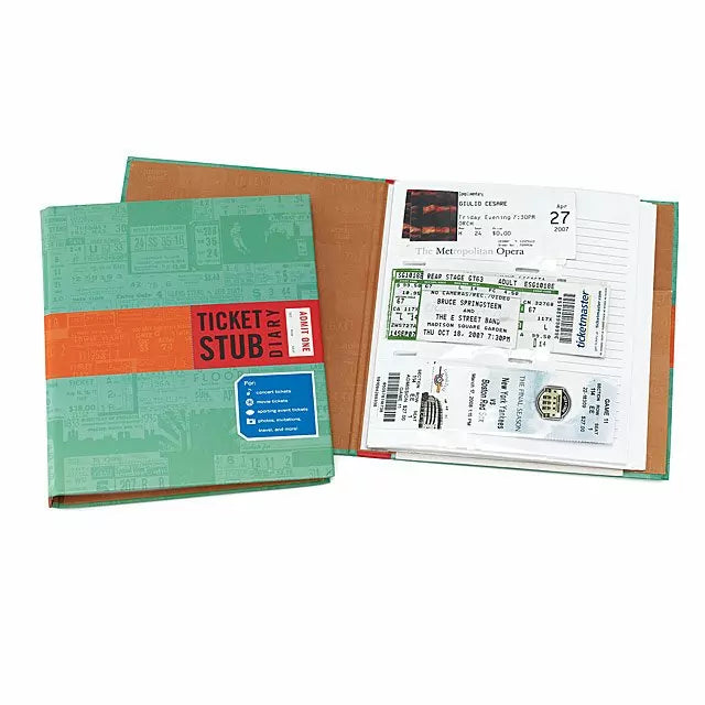 Shows three tickets inside book like concert, museum and sporting event