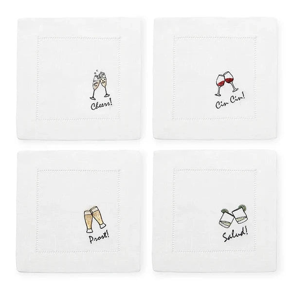 set of four cocktail napkins cheers, cin cin, prost, salud