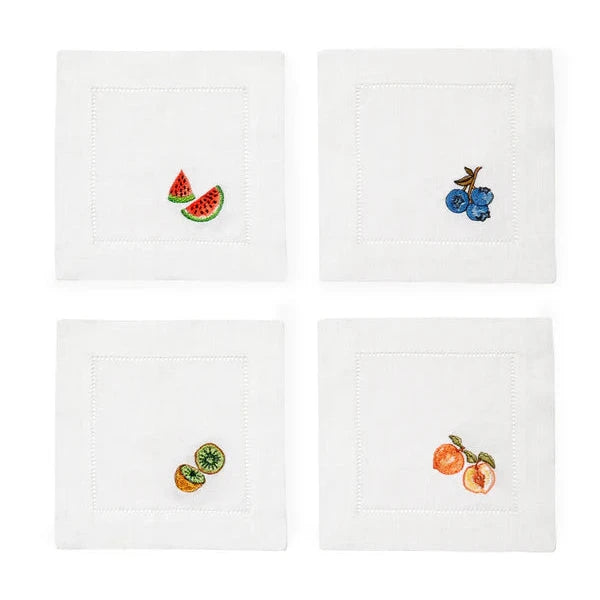 set of four cocktail napkins watermelon, blueberries, kiwi, peach