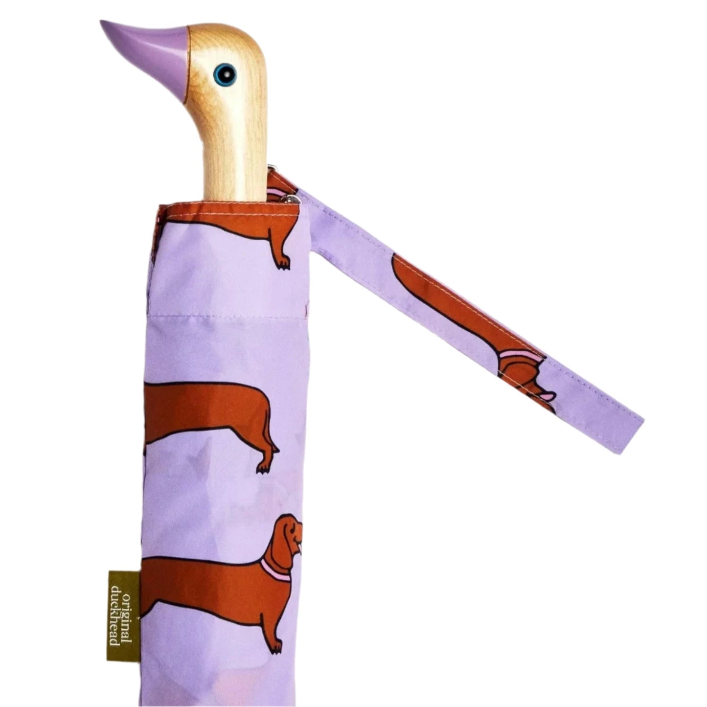 dachshund and purple print umbrella closed