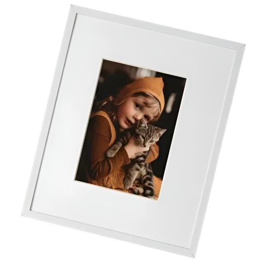white framed photo kid with cat