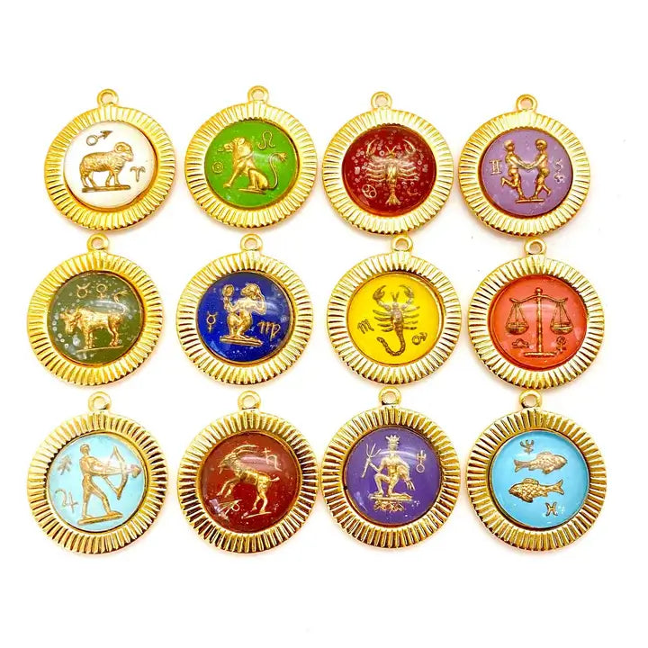 all 12 zodiac signs shown on colorful gold plated necklace