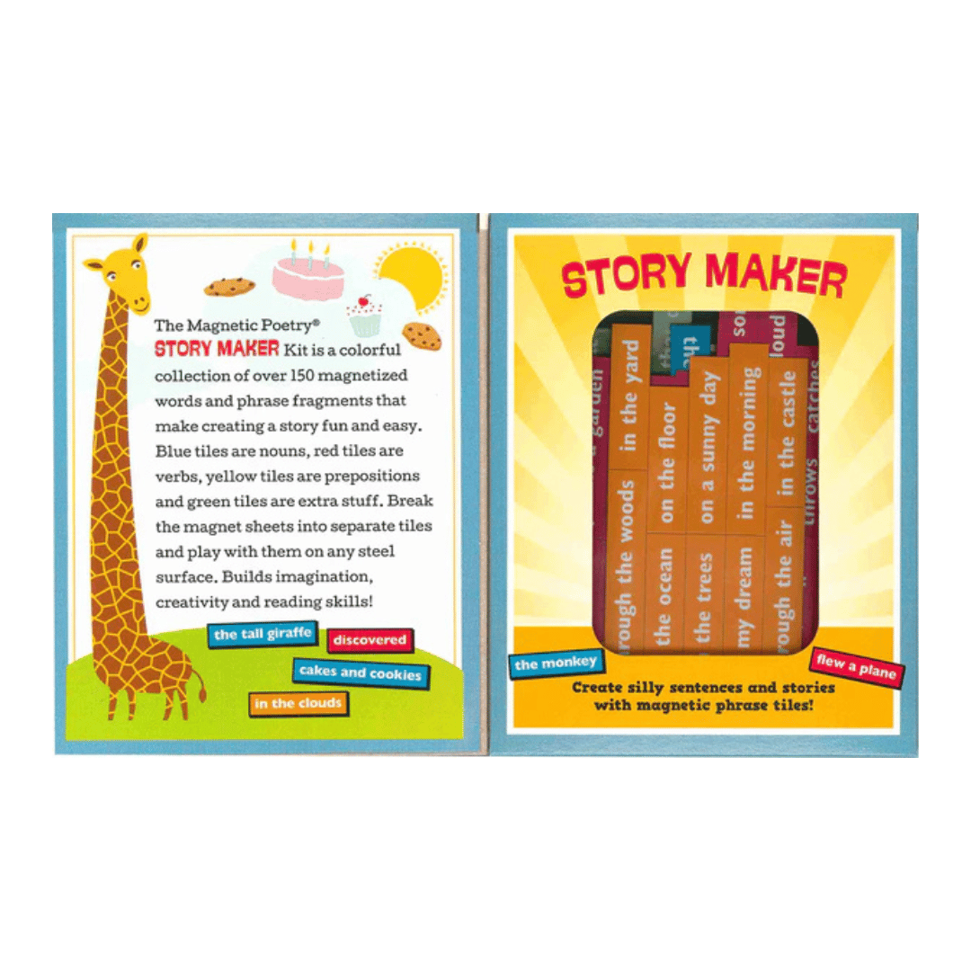 Inside box shows description of how magnetic poetry works and the colored magnetic pieces ready to be played with