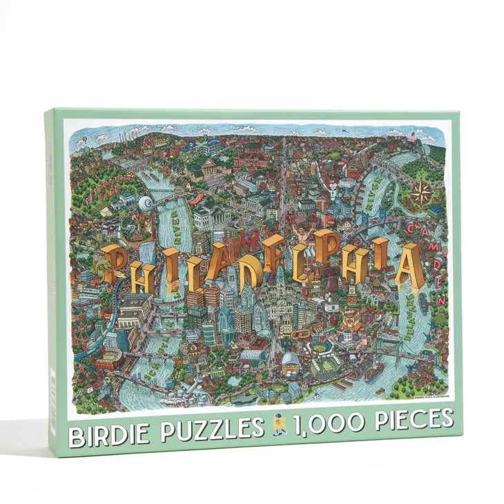 detailed puzzle with map of landmarks and hidden gems with big yellow letters spaced in the skyline reading PHILADELPHIA