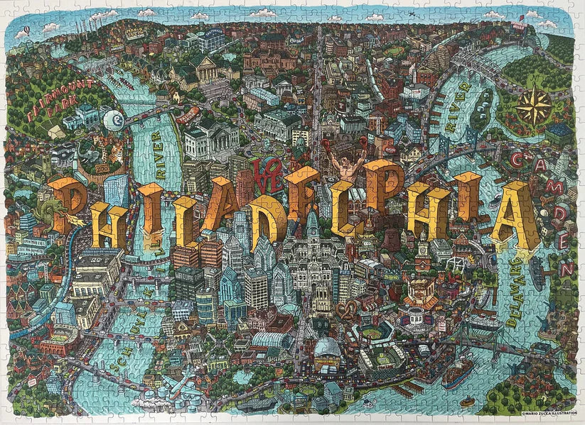 Important: fabulous map of Philadelphia puzzle showing Schuylkill River, the skyline, all the bridges, fields, roads, government buildings, museums, everything in philly (so yes of course the love statue and yes rocky too)