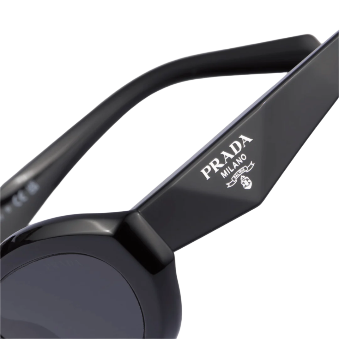 close up of prada triangle logo