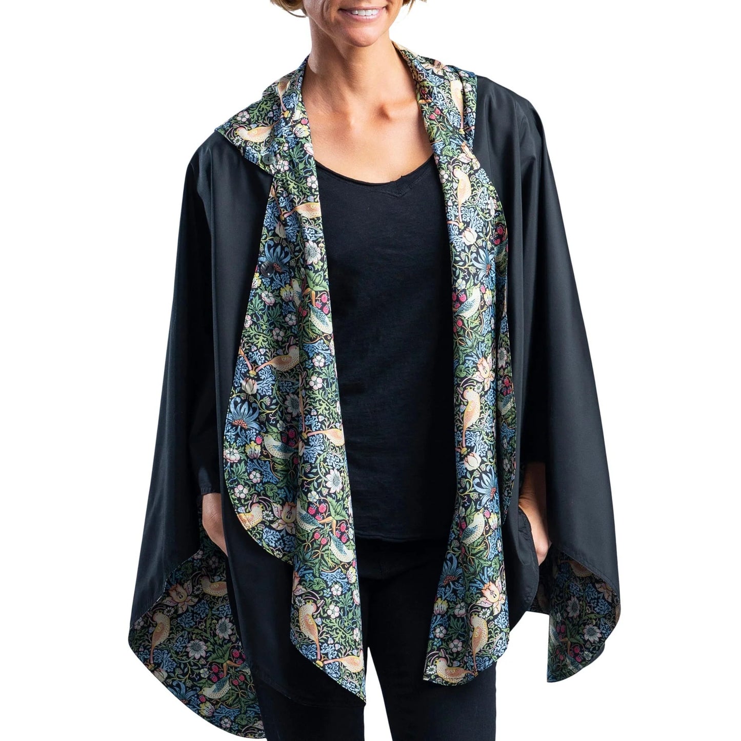 gifts for her, front view of navy and print poncho