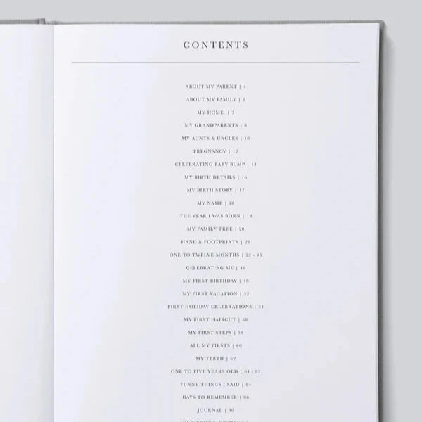 Contents page of baby book