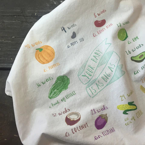 close-up view of the towel with fruits and veggies depicting each week of baby growth--Your Baby is as Big AS