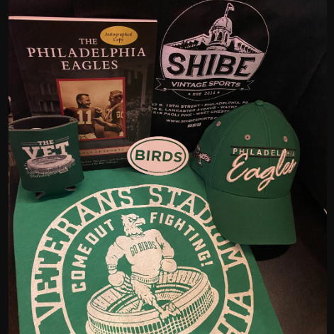 Shibe EAGLES gift set showing everying Eagles--a book, baseball cap, t-shirt, koozie, sticker