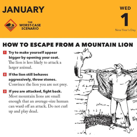 Example of calendar page - January 1 - how to escape from a mountain lion