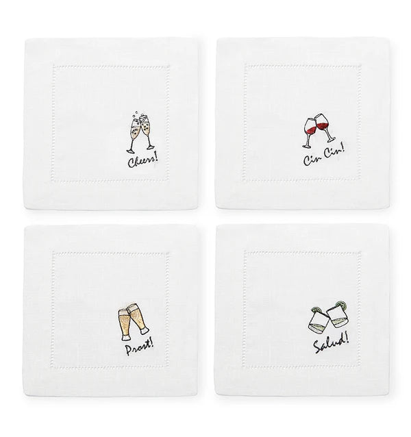 set of four cocktail napkins cheers, cin cin, prost, salud