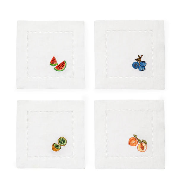 set of four cocktail napkins watermelon, blueberries, kiwi, peach