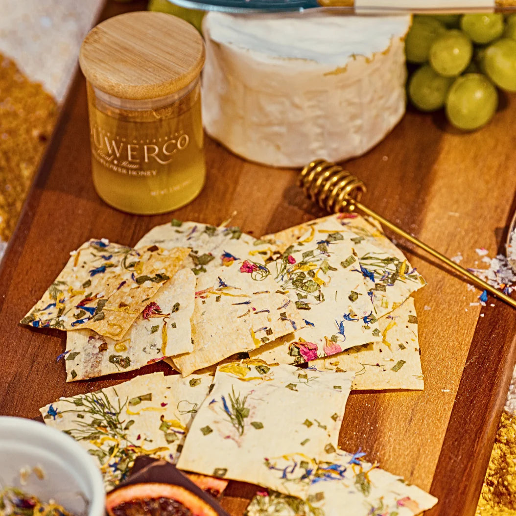 delicate crackers made from edible flowers and herbs