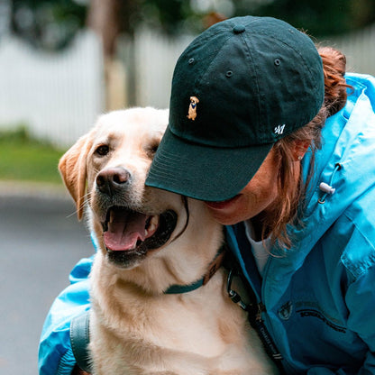 woman holding her yellow lab with a yellow lab hat on