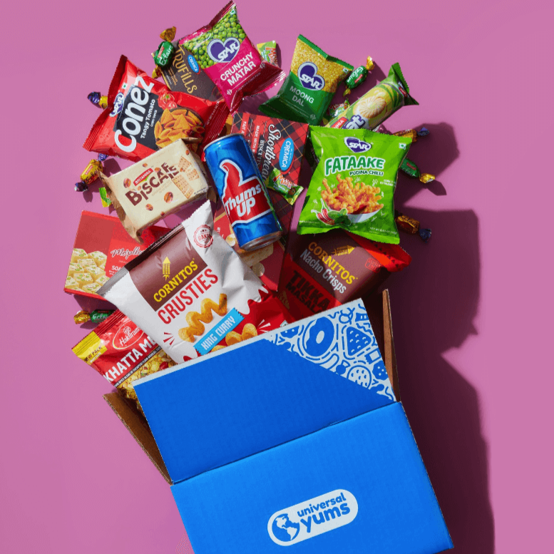 snacks spilling out of a universal yums box