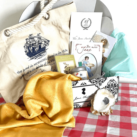 jane austen themed gift box with books, scarves, bags and tea