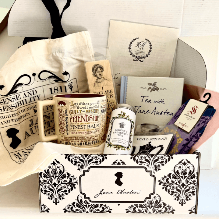 box with jane austen themed bag, books, mug, socks and tea