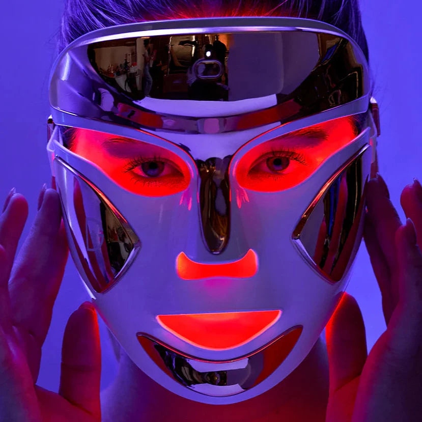 woman with led therapy mask on face