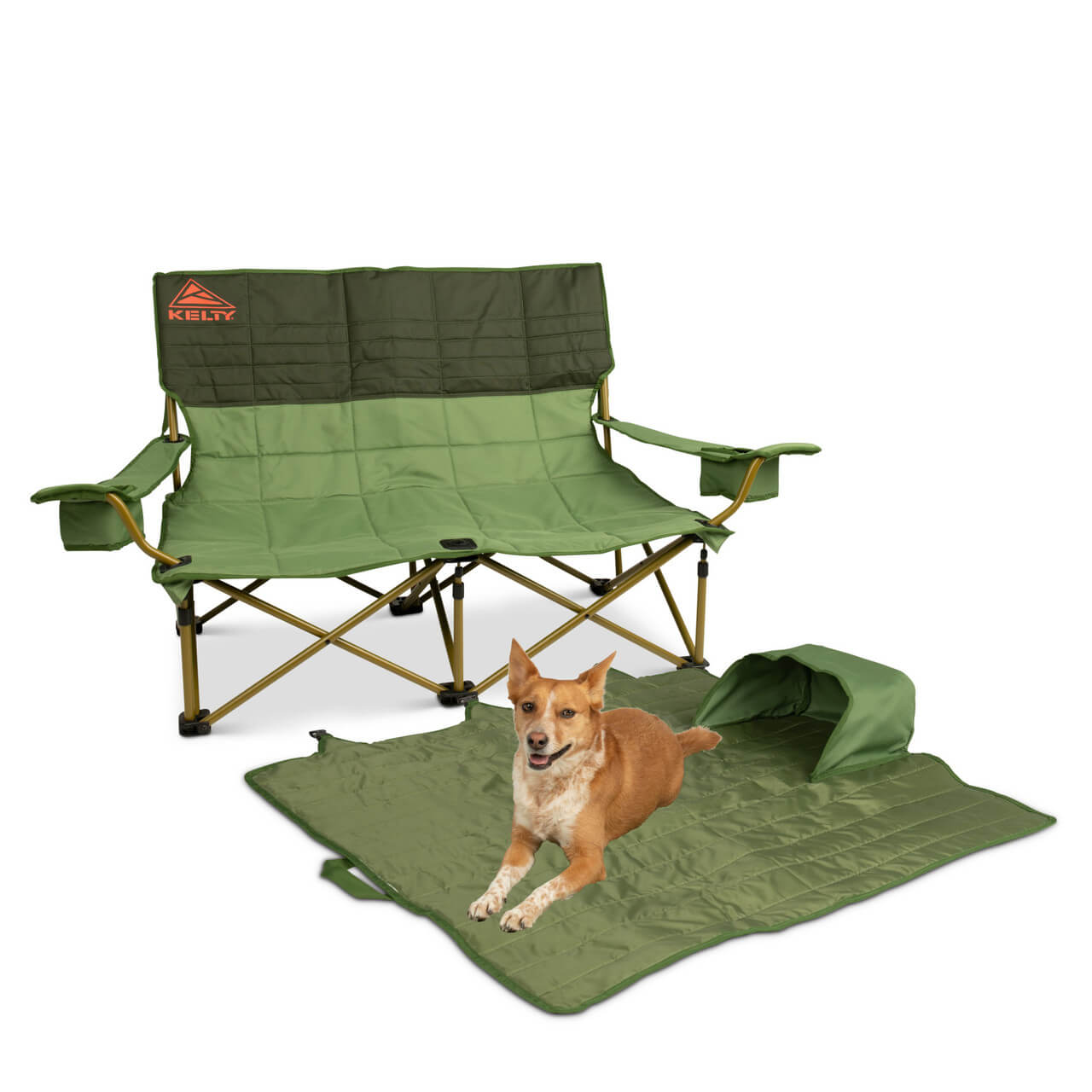 two toned green low loveseat outdoor chair and dog on carry case mat