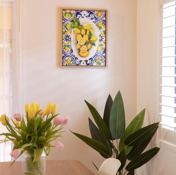 lemon paint by numbers picture hanging on wall