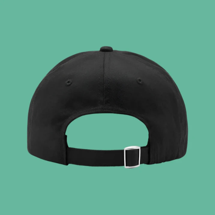 back of black hat with silver buckle