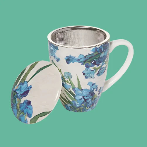 iries drawn on mug with stainless steal strainer for loose leaf tea