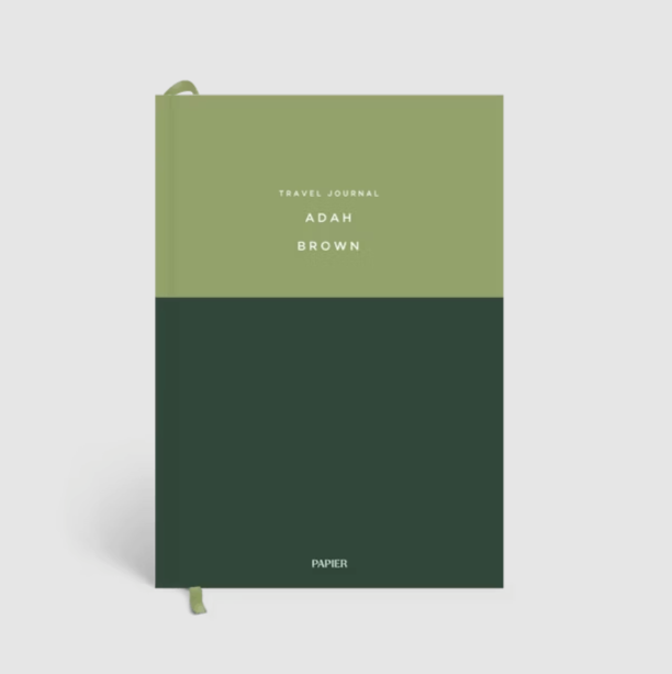 green color block travel journal with name