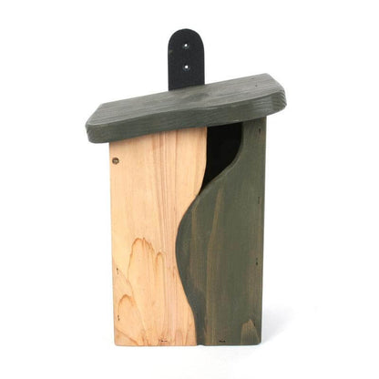 front of natural and green painted wooden bird house