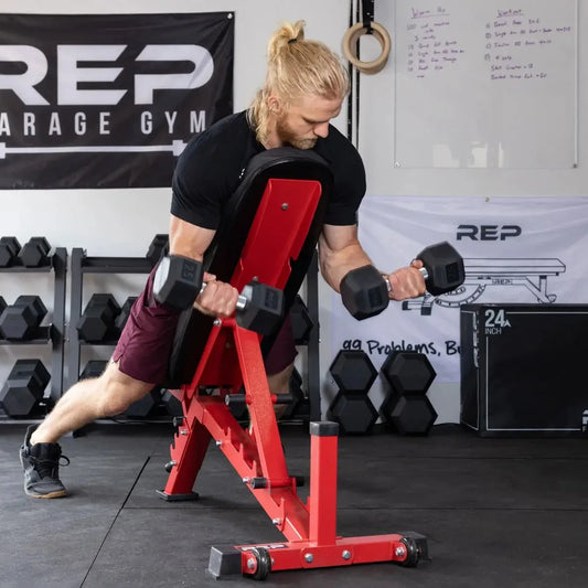 man lifting weights leaning on bench