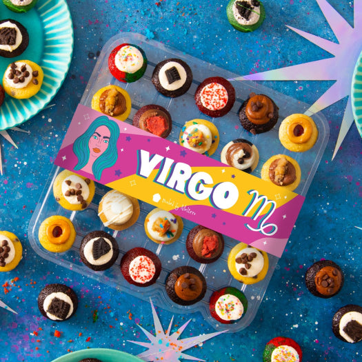 24 mini cupcakes in tin with virgo written across