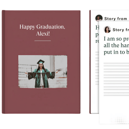 book cover with photo of graduate that says happy graduation alex