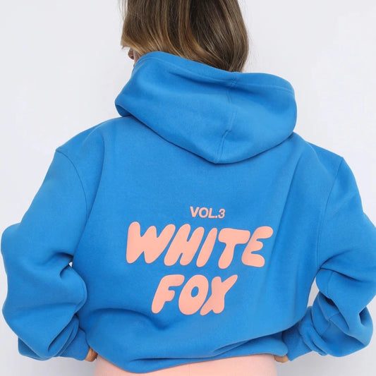 blue hoodie with pink text vol 3 white fox