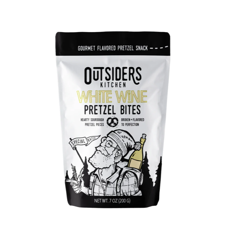 bag of pretzels depicting hiker carrying white wine