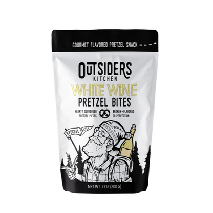 bag of pretzels depicting hiker carrying white wine